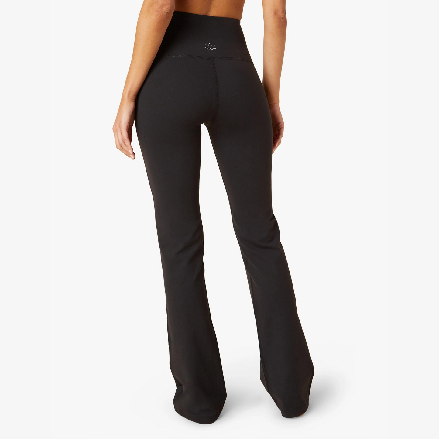 back of dark charcoal high waisted slight flare yoga pant