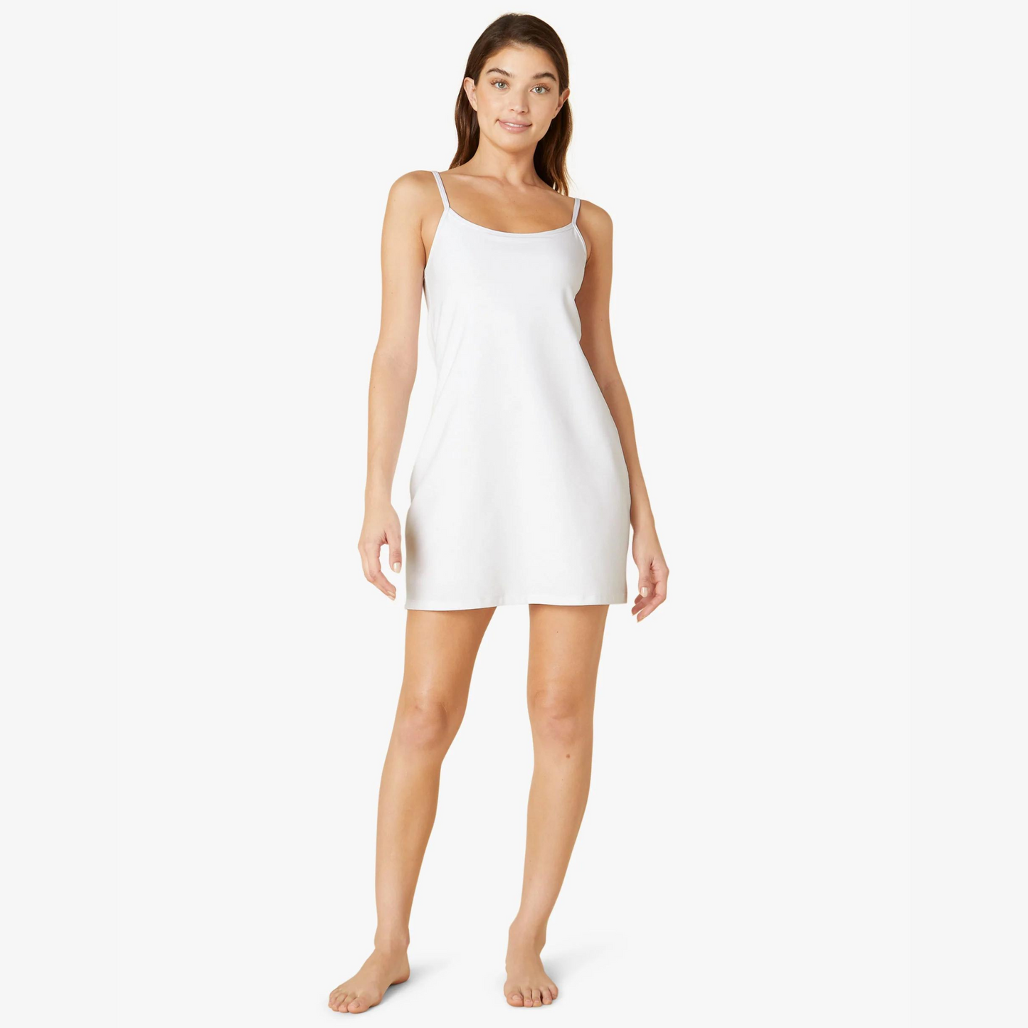 front of white fitted mid thigh thin strap dress