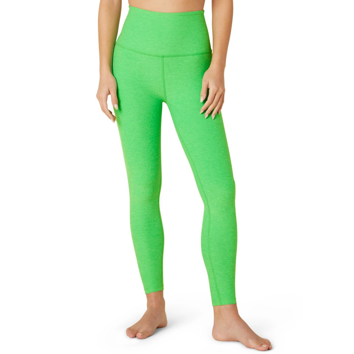 front of electric green high waist midi legging