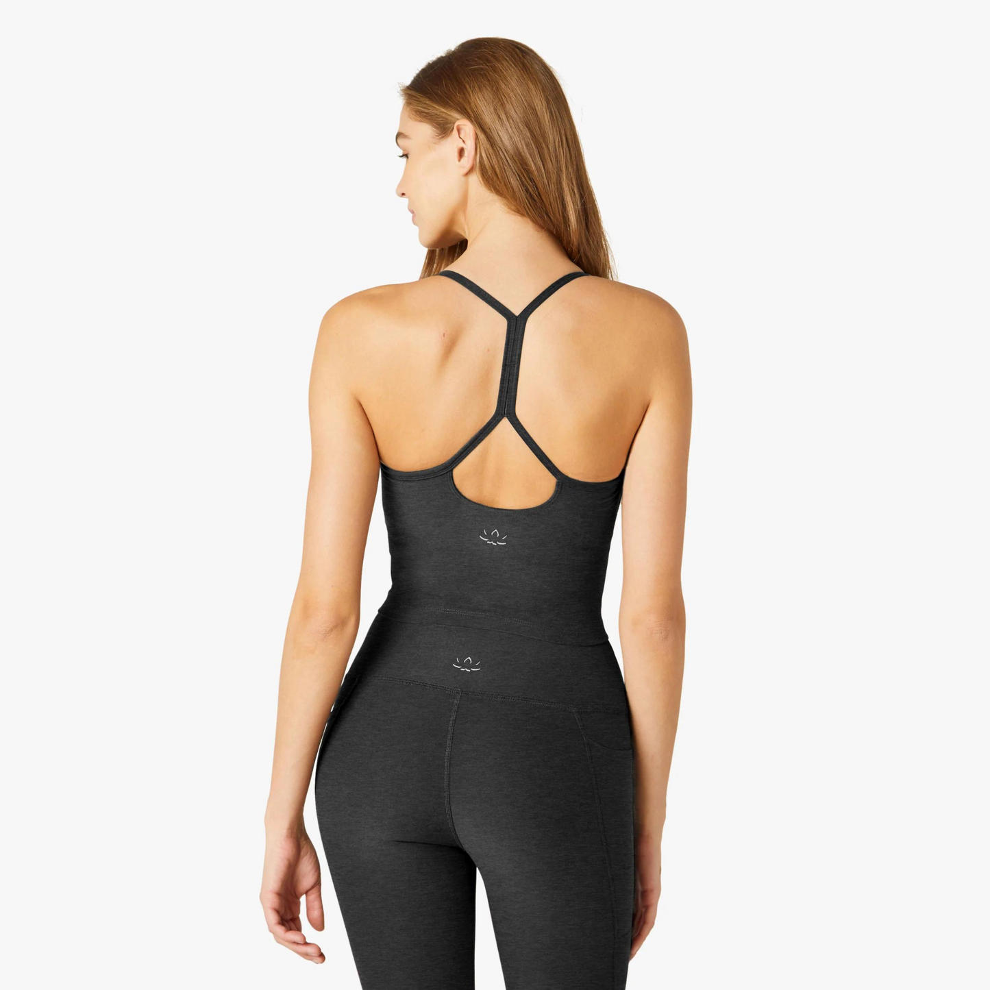 back of dark charcoal thin strap slim fit racerback tank top