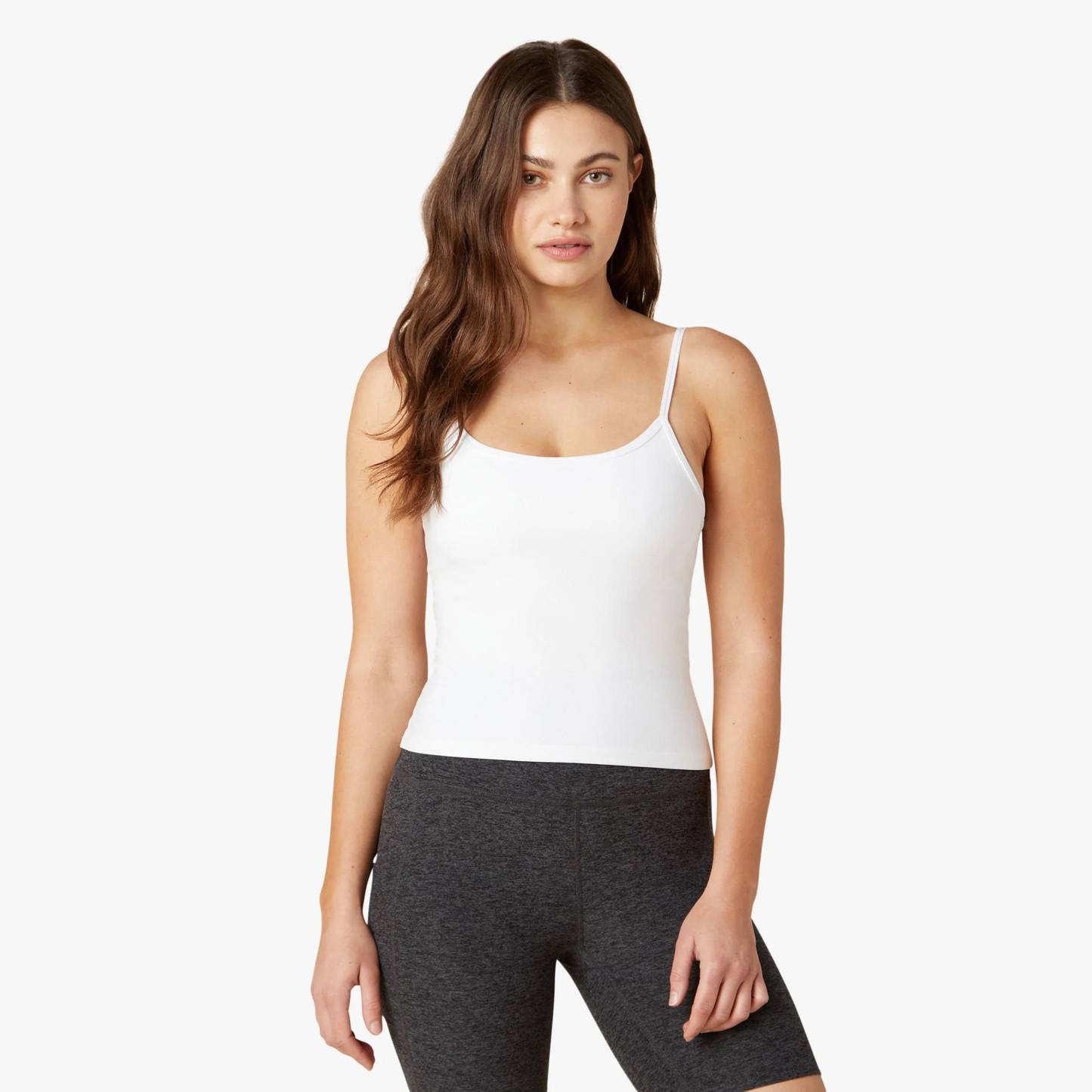 front of white thin strap slim fit tank top