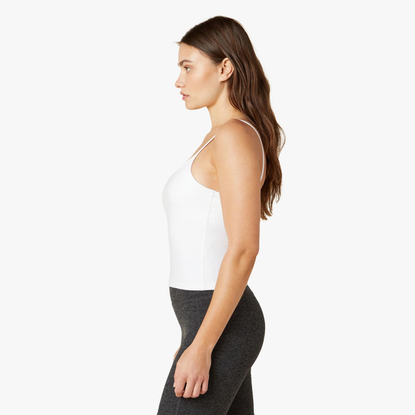side of white thin strap slim fit tank top