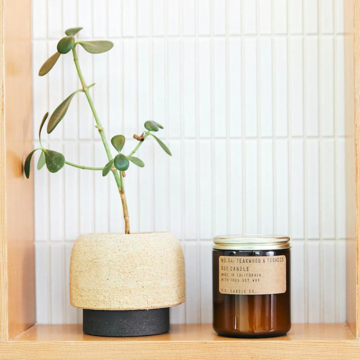 amber glass candle jar with gold lid next to tall jade plant