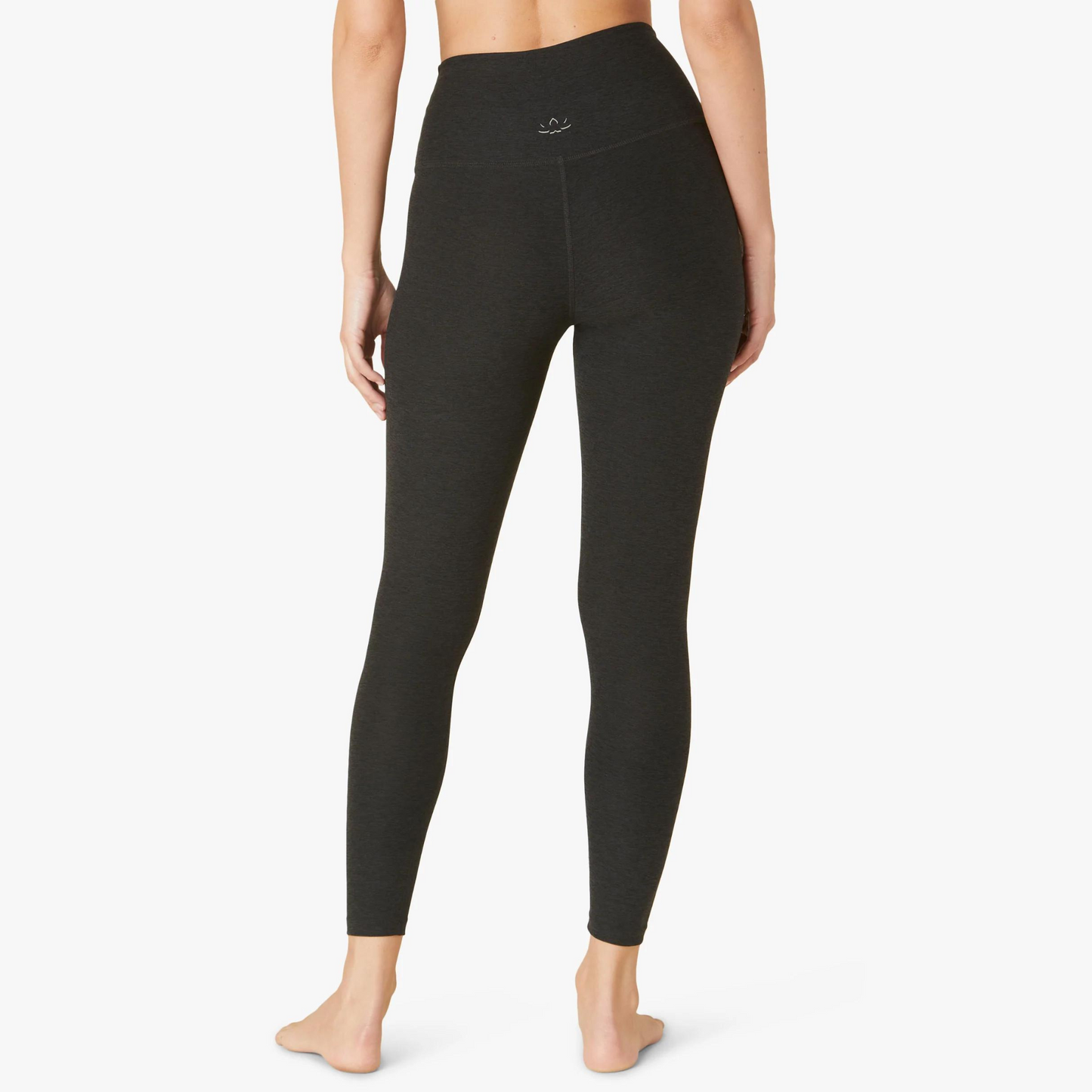 back of dark charcoal high waisted midi length legging
