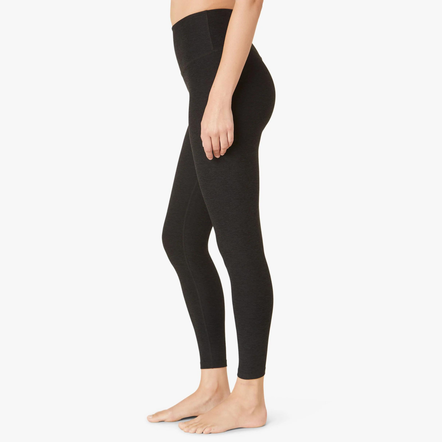 side of dark charcoal high waisted midi length legging