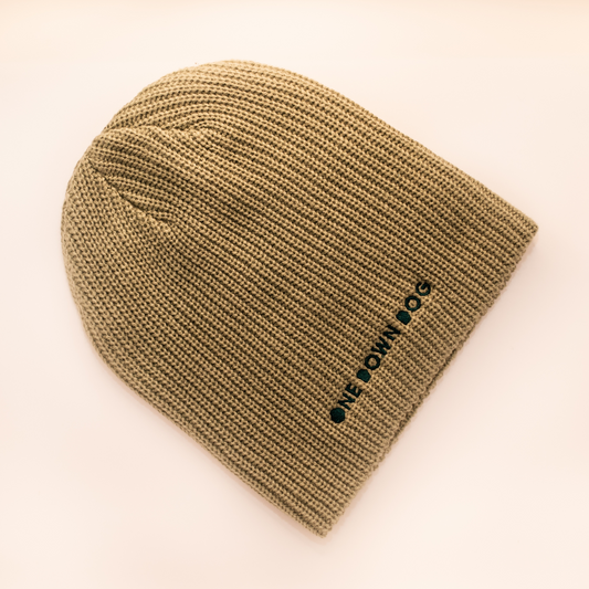 eucalyptus colored fitted beanie with the words one down dog embroidered on front 