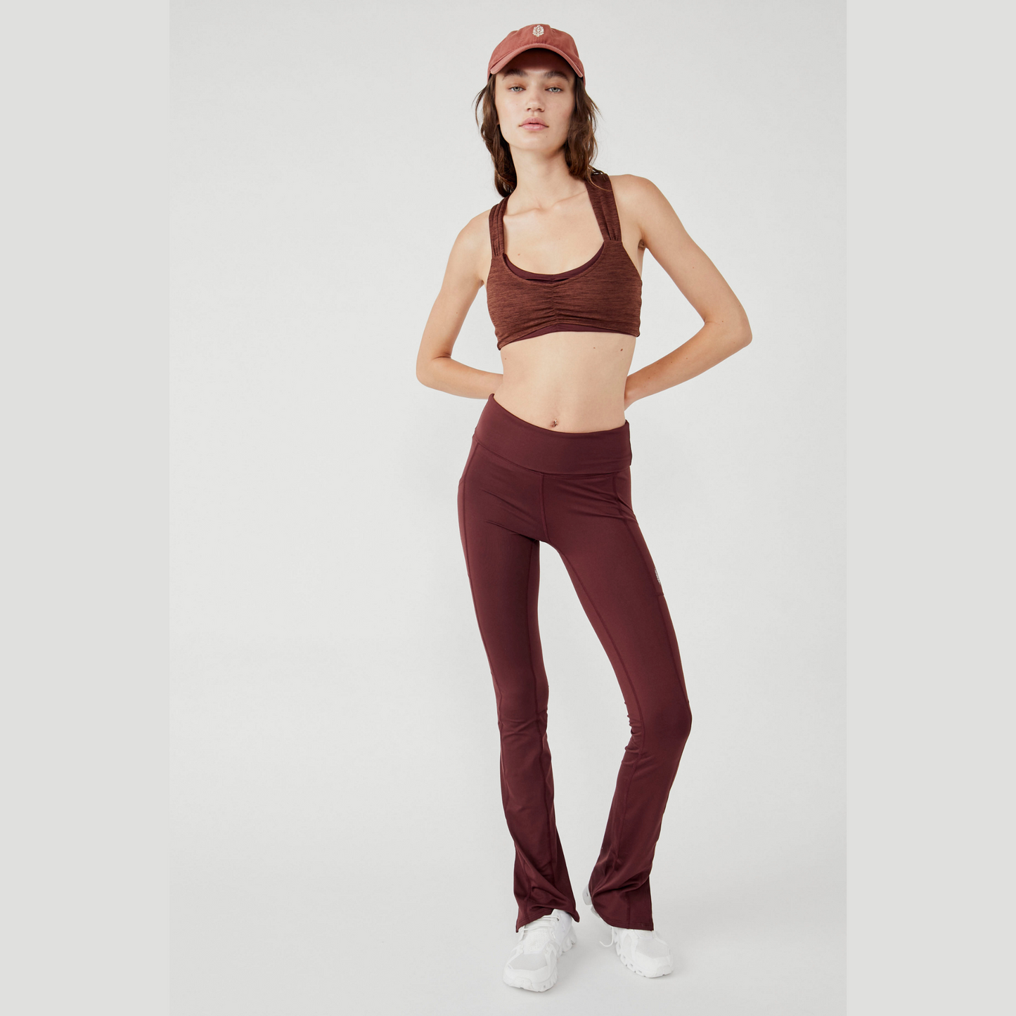 front of espresso colored flare yoga pants