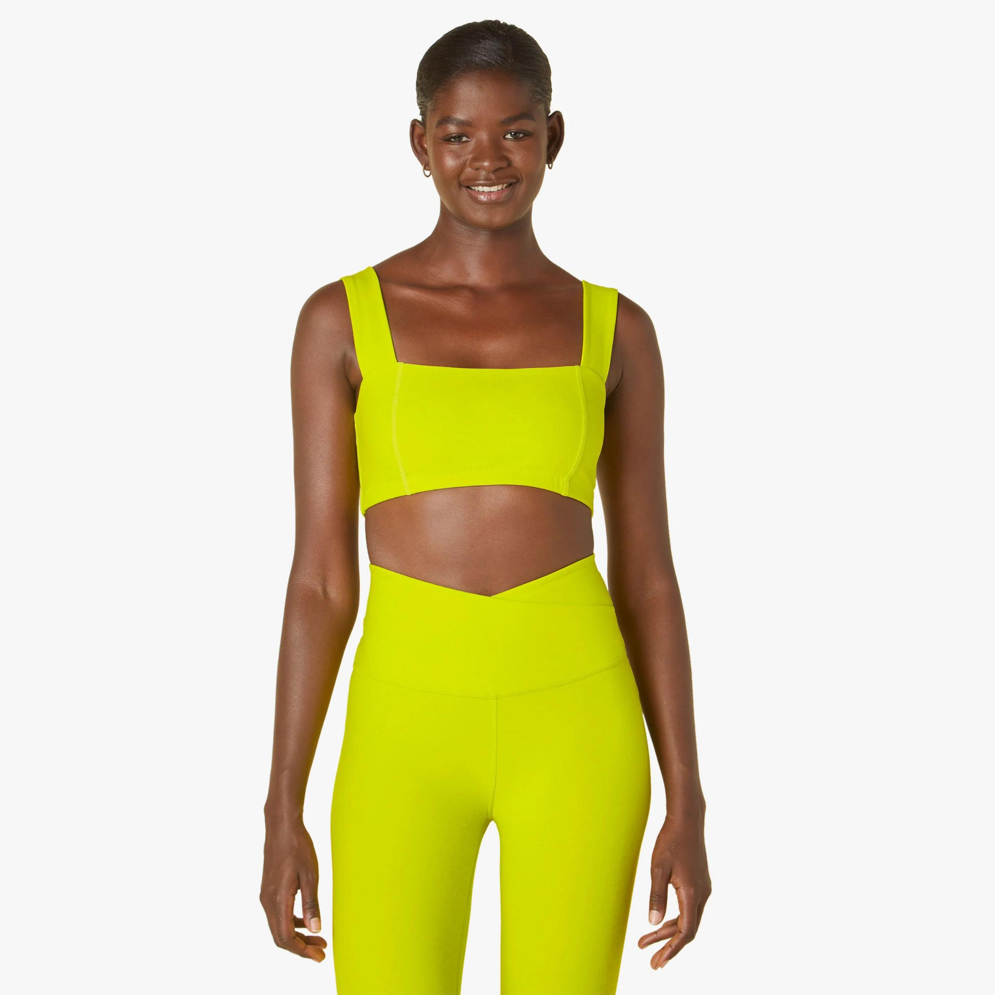 front view of bright lime green square neck sports bra with matching leggings