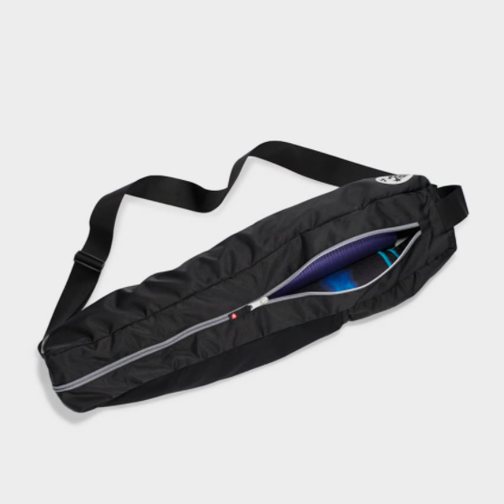 black yoga mat bag with strap and zipper partially open