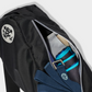 close up of inside of black yoga mat bag carrier