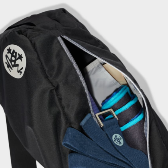 close up of inside of black yoga mat bag carrier