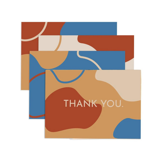 four brick, tan, cream, and blue cards that read "THANK YOU." in cream font