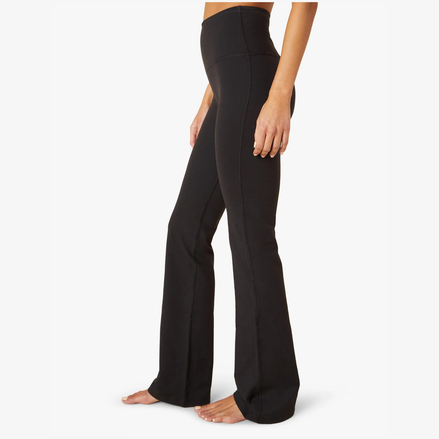 side of dark charcoal high waisted slight flare yoga pant