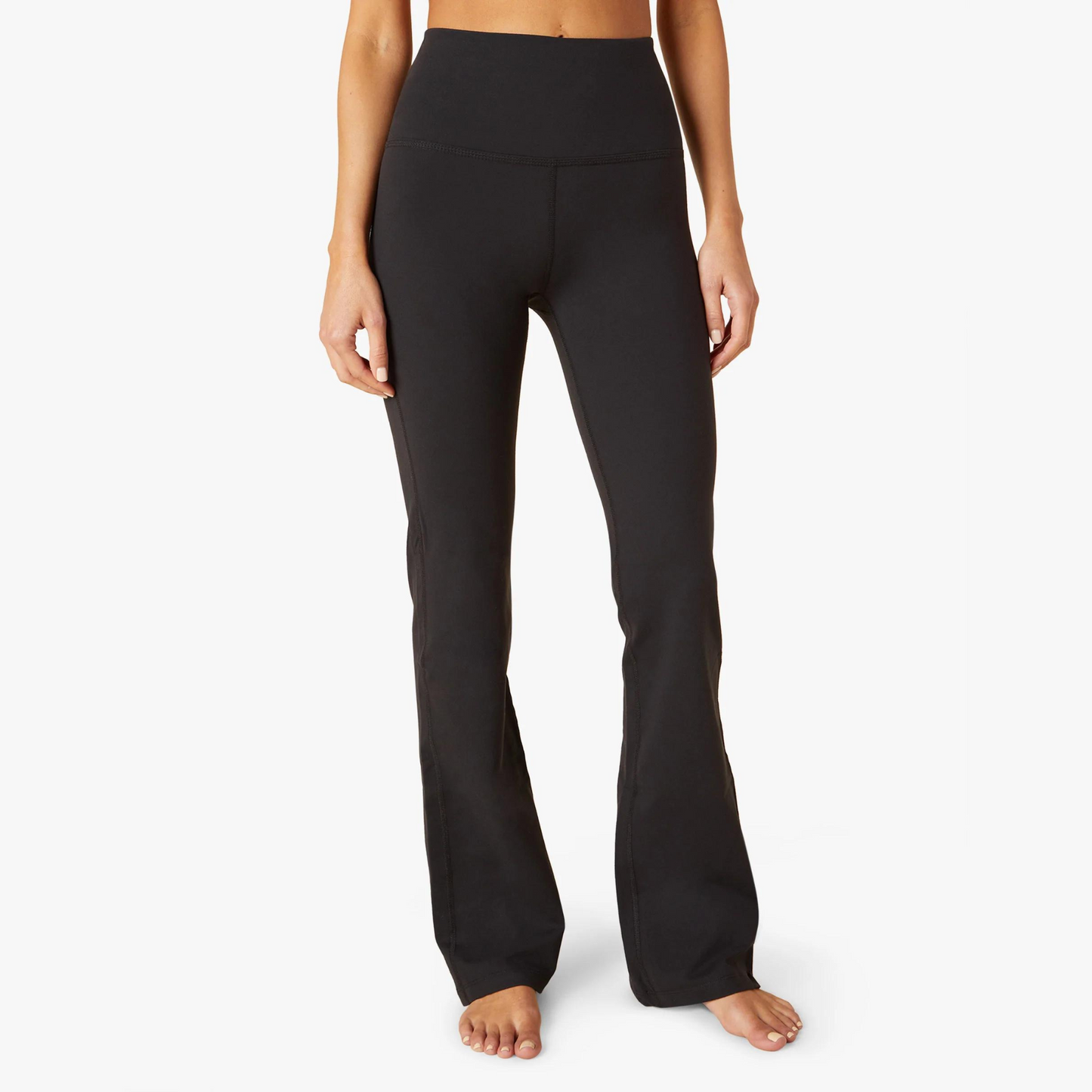 front of dark charcoal high waisted slight flare yoga pant
