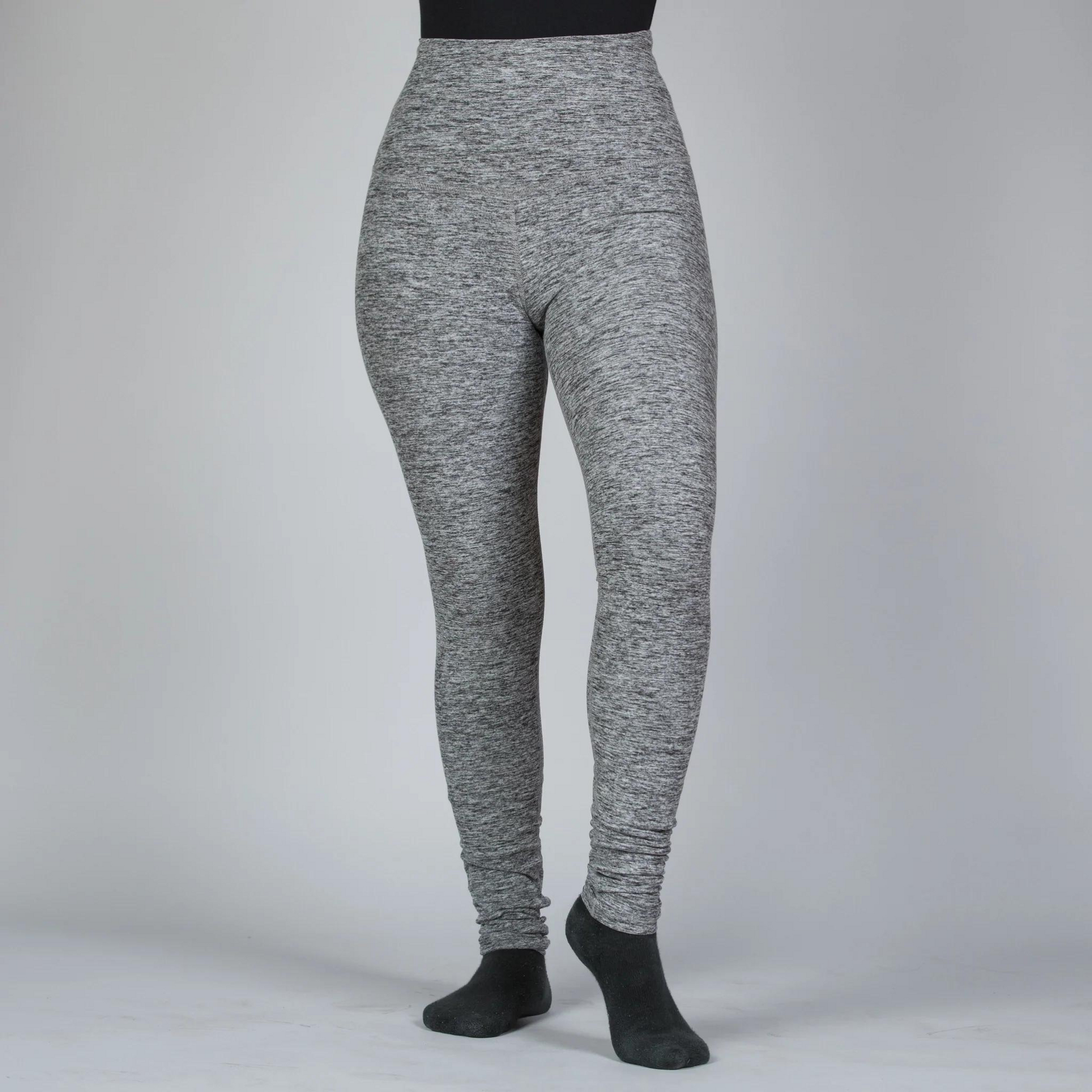 front of black and white high waisted long yoga pants