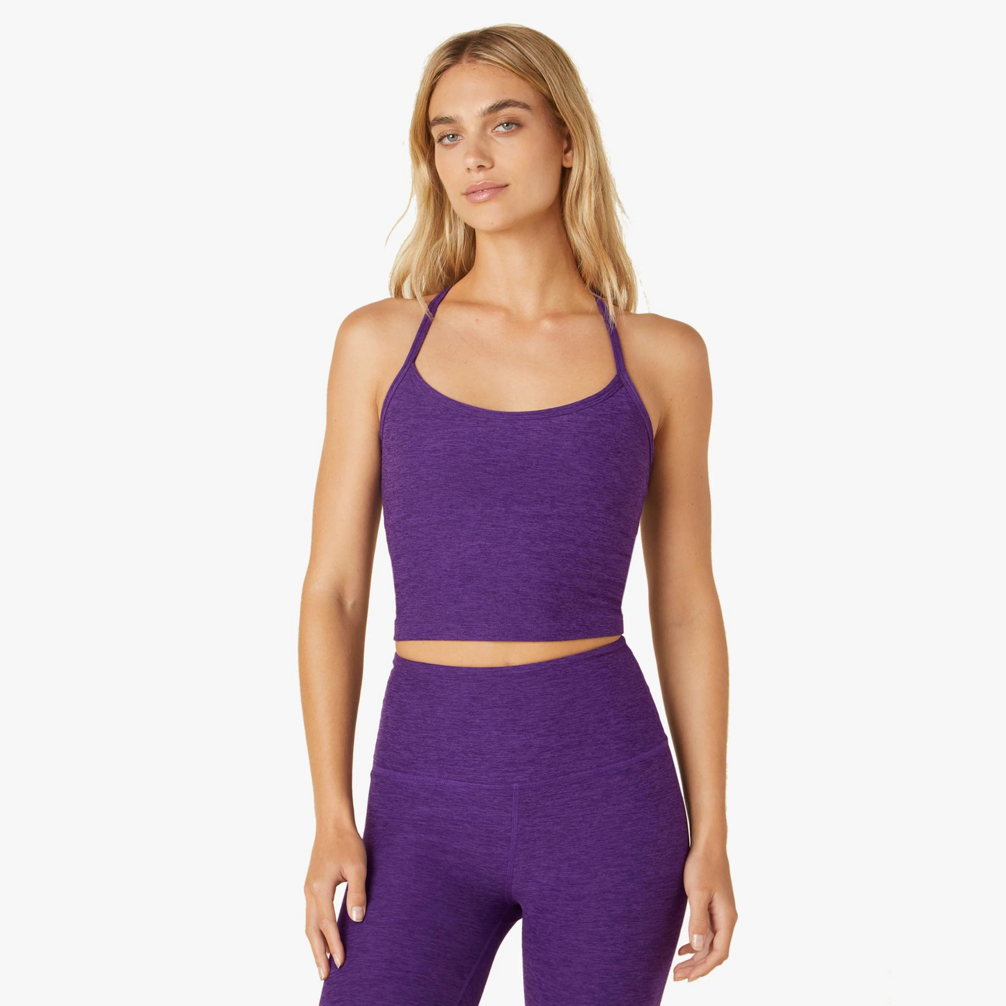 front of bright purple slim fit cropped yoga tank top