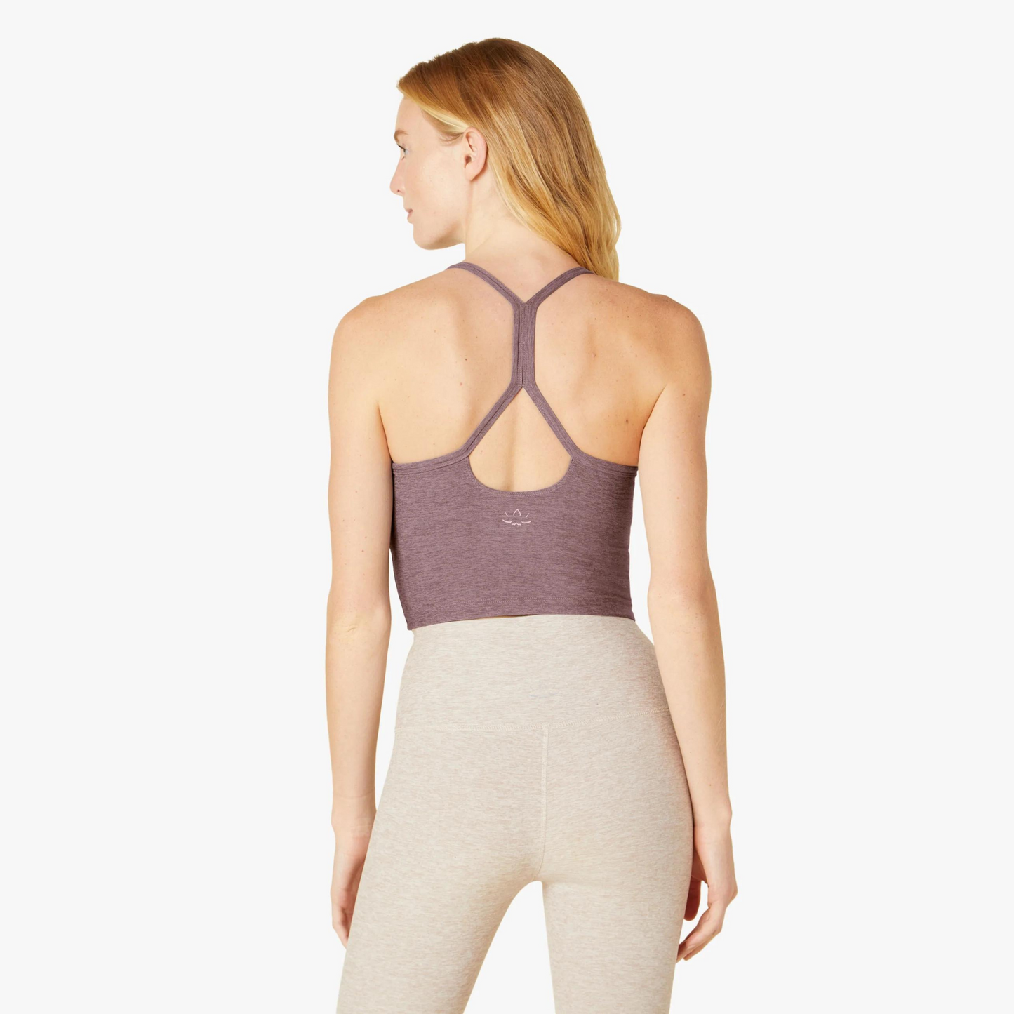 back view of purple brown thin strap slim fit racerback tank top