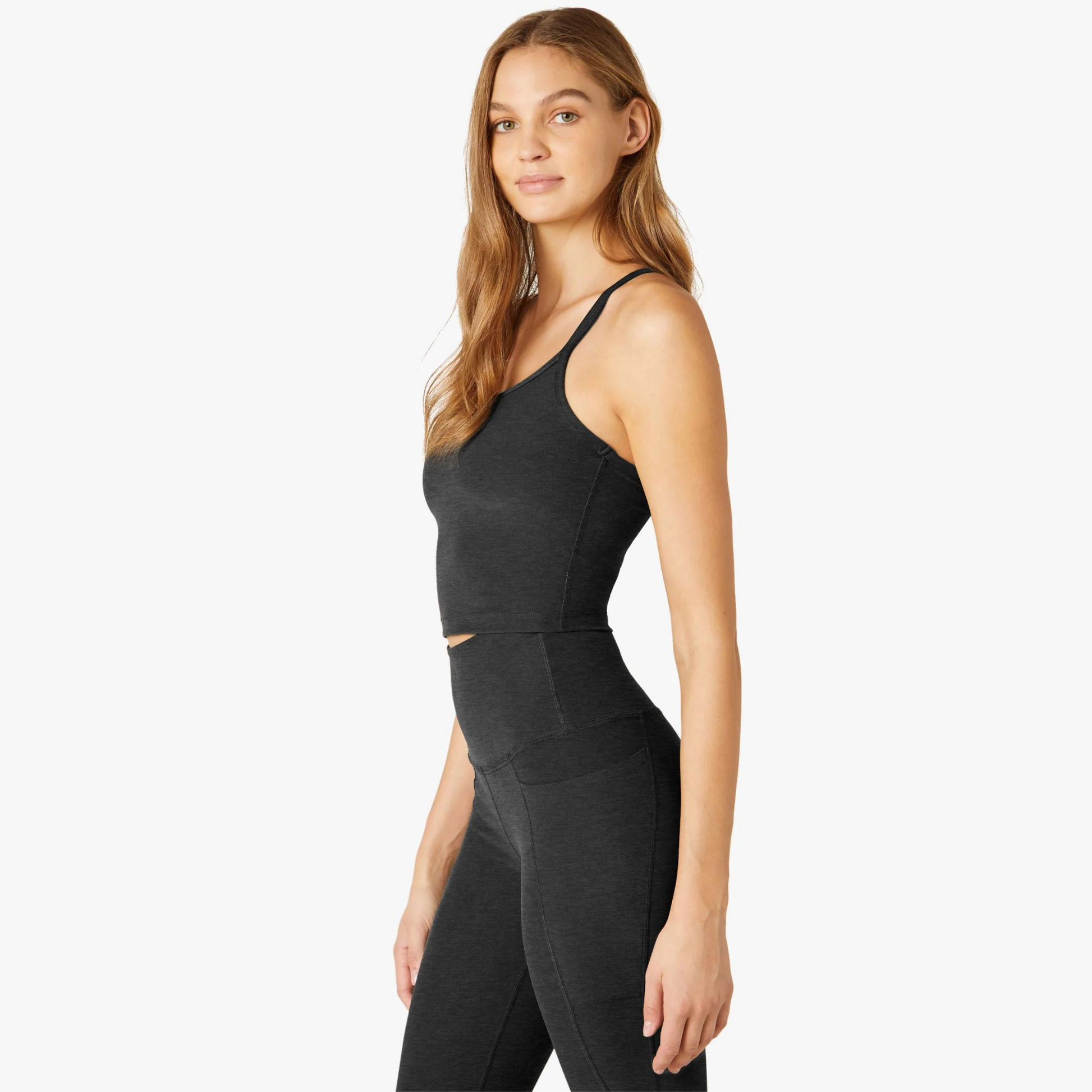 side of dark charcoal thin strap slim fit cropped tank top