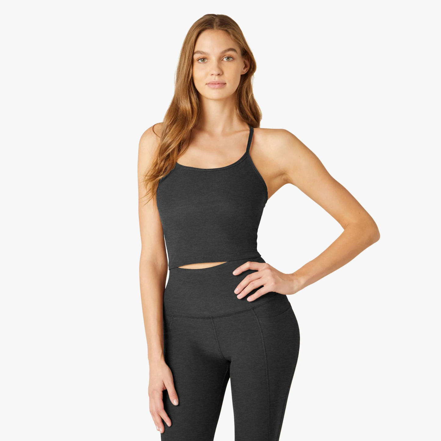 front of dark charcoal thin strap slim fit cropped tank top