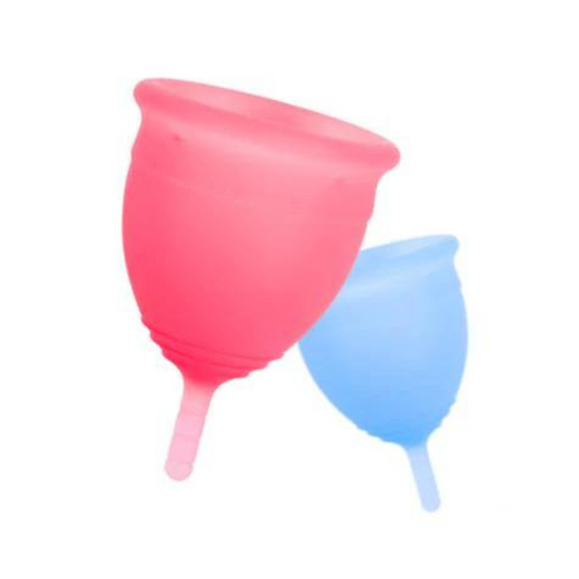 one pink and one blue menstrual cup