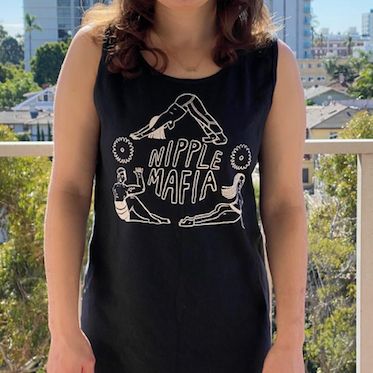 person wearing black cutoff tank top with NIPPLE MAFIA written in white surrounded by three people in different yoga poses that form a triangle around the print