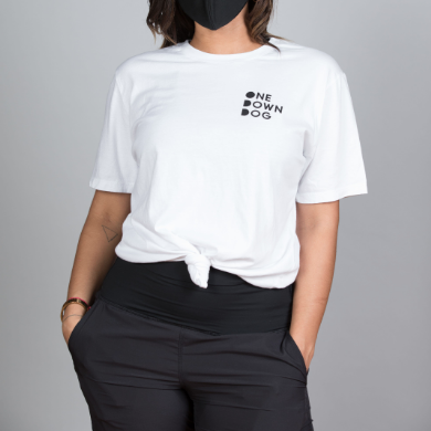 front of white tee shirt with One Down Dog text on left breast