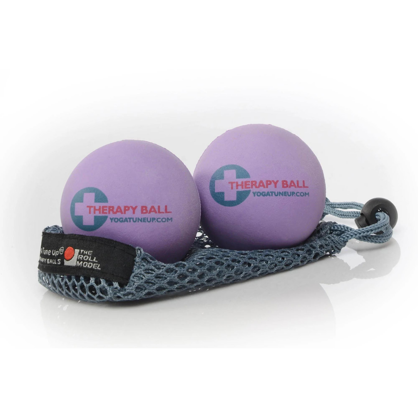 two light purple therapy balls that read "Therapy Ball yogatuneup.com" sitting on top of a grey mesh carrying bag